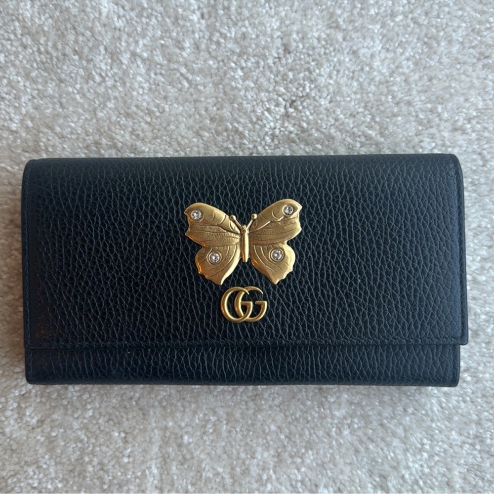 Gucci Black Leather Butterfly Wallet with GG Logo